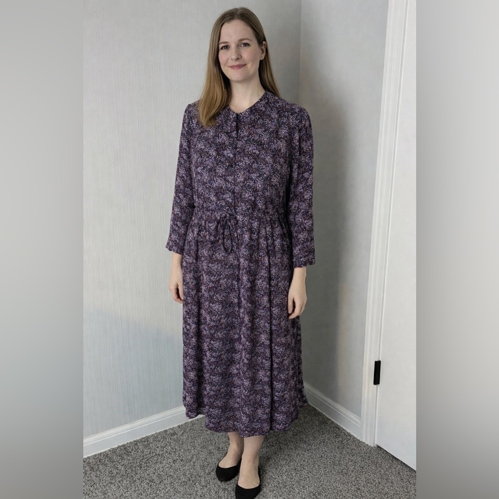 GAP Purple Floral Long Sleeve Midi Dress size Medium Long Back